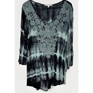 Boho‎ Whimsigoth Top Blouse Women XL Black Greenish Tie Dye Lace Flared Sleeve